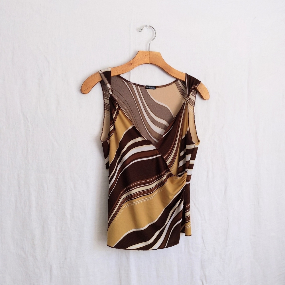 Vtg Y2K Brown Tan Swirl Abstract Print V Neck Tank Top M